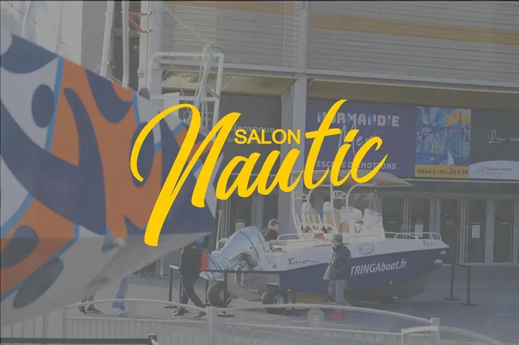 Salon Nautic entrance with displayed boat.