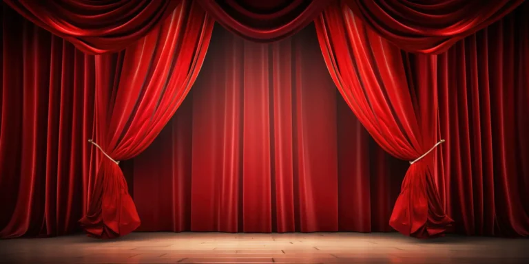 Rideau de théâtre rouge fermé sur scène en bois.