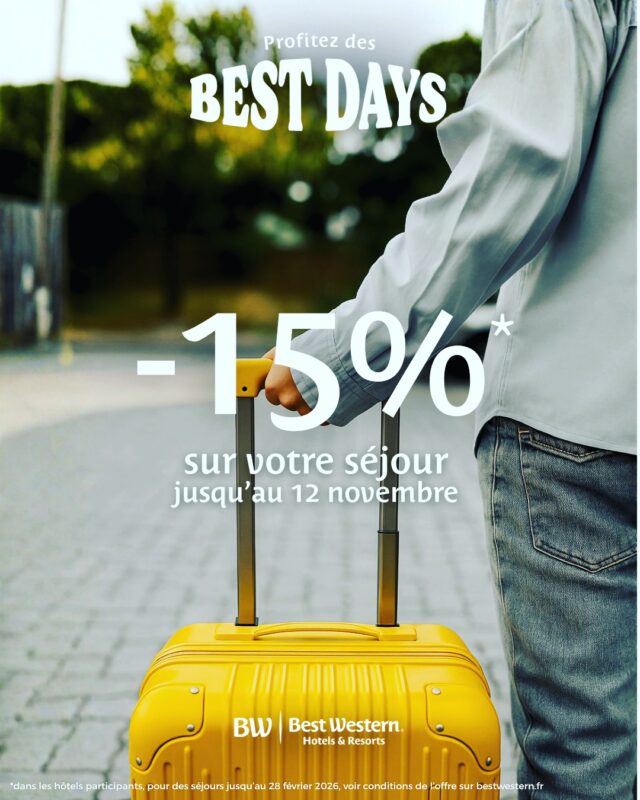 📣 Promotion Spéciale Best Western !
Profitez de 15 % de réduction sur le meilleur tarif disponible 💙
Confort, élégance et hospitalité vous attendent… réservez dès maintenant et vivez une expérience inoubliable ! ✨
#bestwesternfrance #OffreSpéciale #PromoHôtel #VoyagezAvecNous