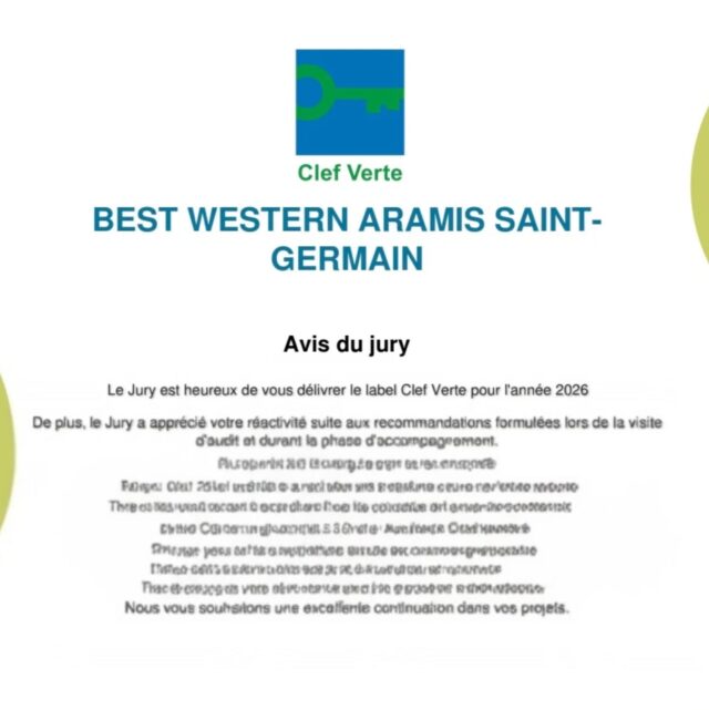 🌿 Fierté & Engagement Durable 🌿

Nous sommes fiers d’annoncer que notre établissement vient d’obtenir le label Clé Verte, première distinction internationale pour les hébergements écoresponsables.

Cette reconnaissance récompense un travail de fond, une démarche sincère et continue vers un tourisme plus respectueux de l’environnement. 🌍

Un immense merci à @silvia, dont l’investissement, la rigueur ont été décisifs pour atteindre ce label. 👏

Cette étape n’est pas une finalité, mais un engagement renouvelé pour aller plus loin, ensemble, vers un futur plus durable. 🌱

🌿 Proud and Committed! 🌿

Our hotel has been awarded the Green Key label — a mark of responsible and sustainable hospitality.
A huge thank you to @silvia for her outstanding work and dedication. This achievement is hers as much as ours. 💚

#GreenKey #SustainableTourism #ResponsibleHospitality #Pride #Team #Sustainability

#CleVerte #TourismeDurable #Fierte #Engagement #Equipe #HotellerieResponsable #Paris #Hospitality #Sustainability